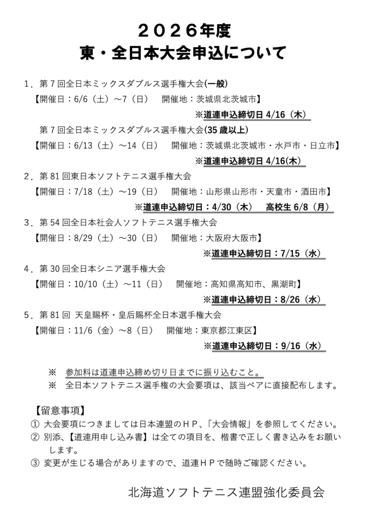 2026年度 東・全日本大会申込について